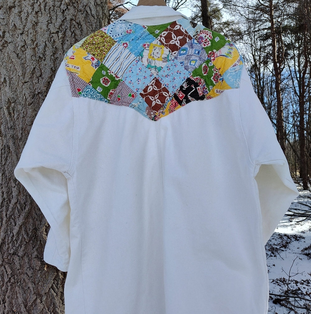 White Quilted Duster Jacket Upcycled Patchwork KAS Originals 80s Cotton One Size - Picture 4 of 16